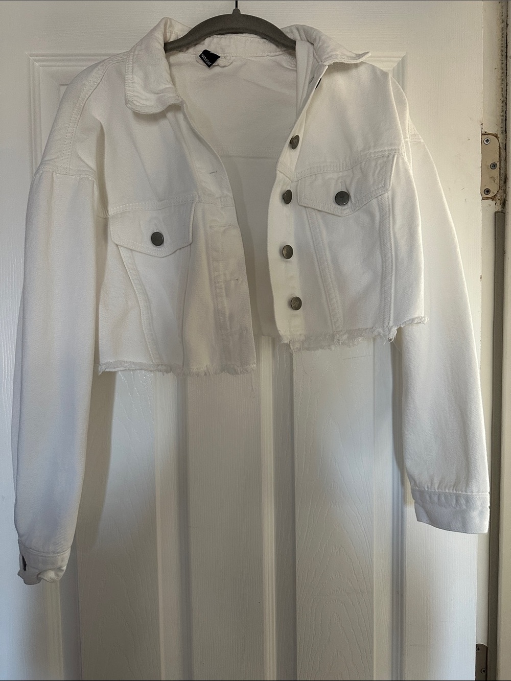 Windsor Cropped White Denim Jacket with Fray Hem